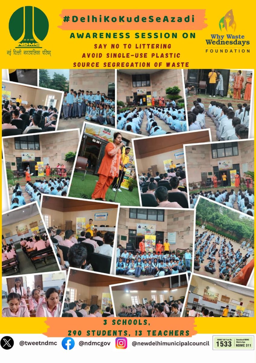 tweetndmc's tweet photo. #NDMC #WWW_F Conducted waste mgmt sessions at:
📍Navyug School Mandir Marg
📍Atal Adarsh Bal Vidyalaya Mandir Marg
📍Atal Adarsh Vidyalaya Havlock Square
💡 Topics: 7Rs, segregation, no single-use plastic
🎯 Quiz + sweets 🍬 |  13 teachers | 👦 290 students
#DelhiKoKudeSeAzadi ♻️ https://t.co/WqVxv4ke68