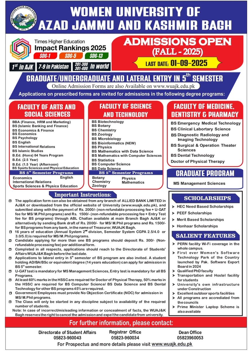 𝐀𝐝𝐦𝐢𝐬𝐬𝐢𝐨𝐧𝐬 𝐎𝐩𝐞𝐧 – 𝐅𝐚𝐥𝐥 𝟐𝟎𝟐𝟓

📍 Women University of Azad Jammu &amp; Kashmir, Bagh

🌍 Times Higher Education Impact Rankings 2025:

🌟 Ranked 1st in AJK (in various SDGs)
🏅 Among Top 7–10 in Pakistan | 301–400 in the World

#AdmissionsOpen #Fall2025 #WUAJK