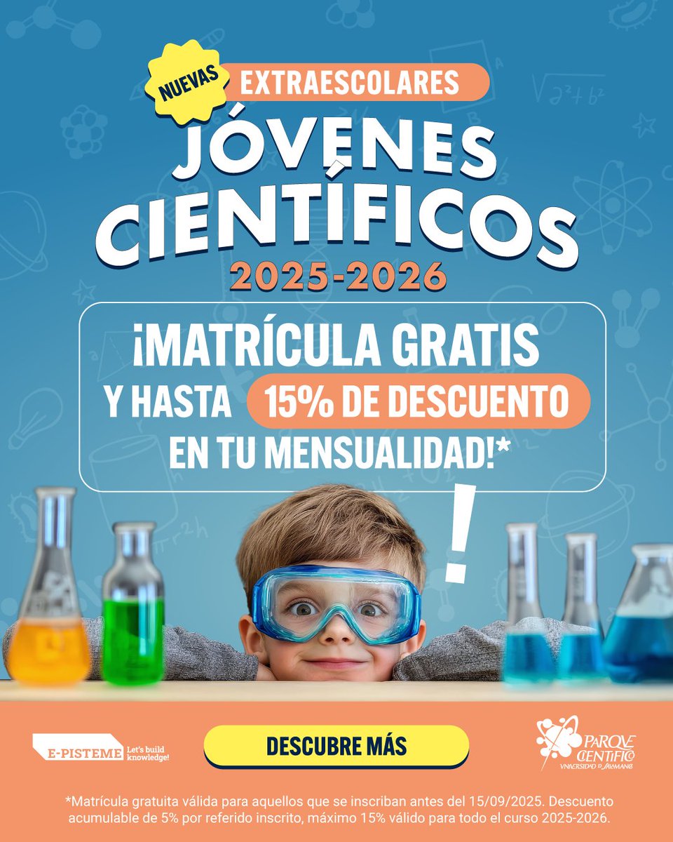 🧪 ¡Vuelve "Jóvenes Científicos" ahora POR TODO EL AÑO!
Inscripciones abiertas para nuestras extraescolares de ciencia y tecnología en Salamanca.
⚡ Matrícula GRATIS hasta el 15/09/2025
💡 Hasta 15% de descuento por referidos
👉 Preinscríbete ya: e-pisteme.com/es/extraescola…