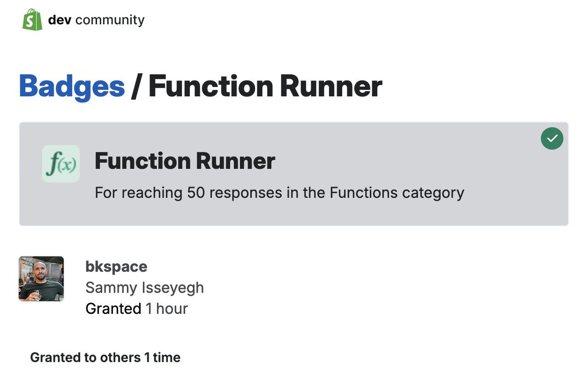 Sam ๐๏ธ (@sammyisseyegh) on Twitter photo Function Runner badge unlocked on community.shopify.dev ๐๐๐
<a href="/liam_at_shopify/">Liam Griffin</a> - gamification works ๐ Function Runner badge unlocked on community.shopify.dev ๐๐๐
<a href="/liam_at_shopify/">Liam Griffin</a> - gamification works ๐