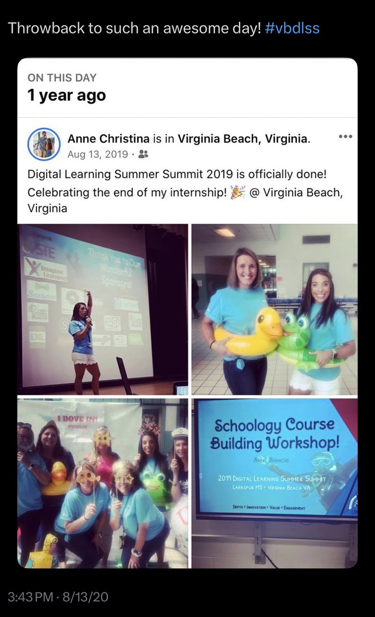 anne_bianchi's tweet photo. I always feel a bit of nostalgia when attending #DTALCON as VBCPS has come so far! Starting out with the Digital Learning Summer Summit to where we are today. I am so proud that I was able to be a part of the journey! #onceanITSalwaysanITS @CharlieHinsch @TechTeachVB @vbcpsdtal https://t.co/TC0numBOVo