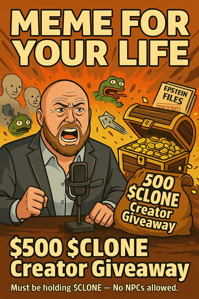 🎨$500 of $CLONE Creator Giveaway🎨

Calling all creative degens with a taste for conspiracies and chaos! 

Make your wildest, funniest, most unhinged Clone Jones content — memes, art, videos, whatever wakes the masses.

Rules:
🧠 Must be holding $CLONE
🎯 Content must feature