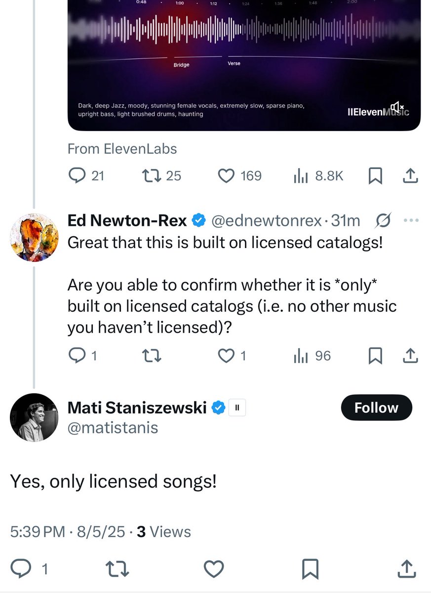 Co-founder of ElevenLabs confirms that their new AI music model is trained only on songs they’ve licensed.

This is really good to see.

When a handful of AI companies try to tell you generative AI can only be built with scraped copyrighted work, remember that the majority of AI