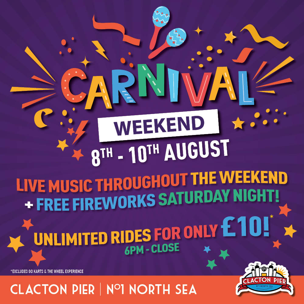 IT’S BACK! £10 Ride Wristbands!
8–10 August 2025 |  6pm to close
Carnival Weekend at Clacton Pier
Get unlimited rides for only £10 each evening!