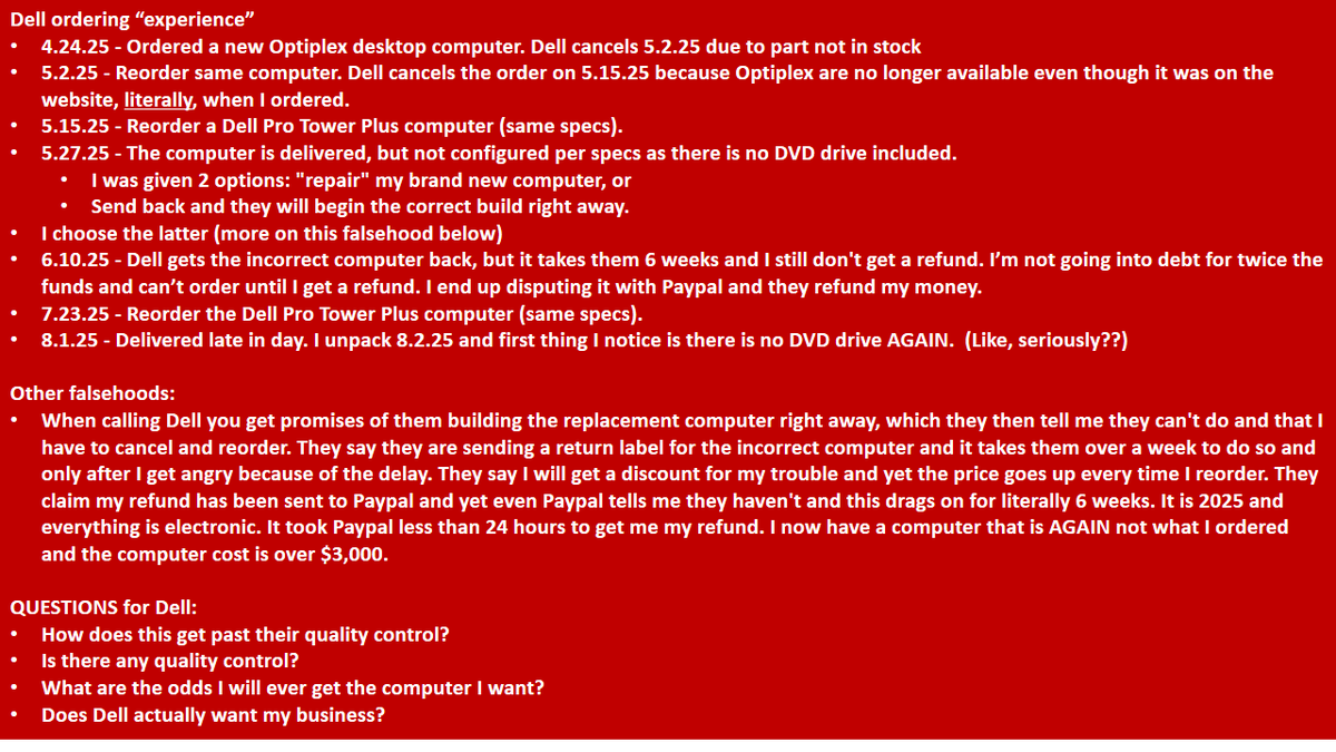 panzyzz's tweet photo. @DellTech 4 orders placed for new PC, 2 cancelled, 2 delivered wrong specs. 6 weeks no refund, Paypal came thru. What are my chances with order #5? https://t.co/WVordtVSWW