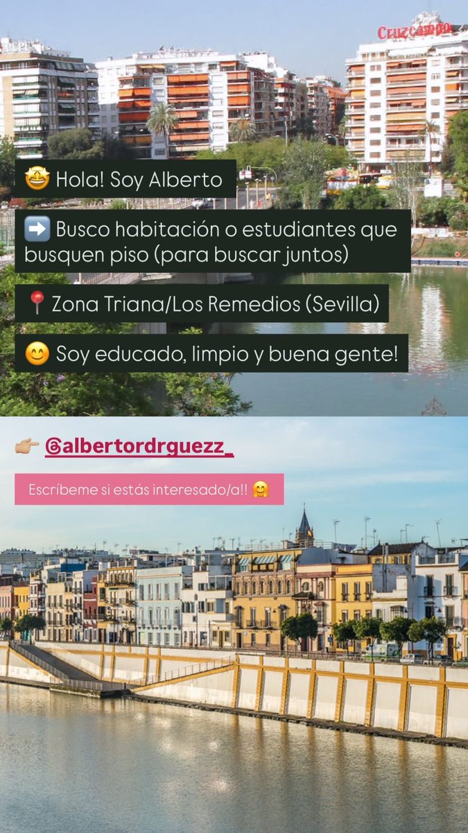 Albertorl71's tweet photo. Hola, estoy buscando habitación o estudiantes que busquen piso por la zona de triana/ los remedios!!! Se agaradece dif 
#pisosevilla #pisoestudiantes https://t.co/1KIZrZJayq