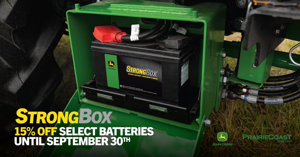 PrairieCoasteqp's tweet image. ⚡️ Power Up for Harvest ⚡️
15% off John Deere StrongBox batteries—OEM-built for longer life and high cold-crank amps that won’t quit! Offer ends Sept 30, 2025.
🔗 prairiecoastequipment.com/parts/strongbo…
#PrairieCoastEquipment #StrongBox