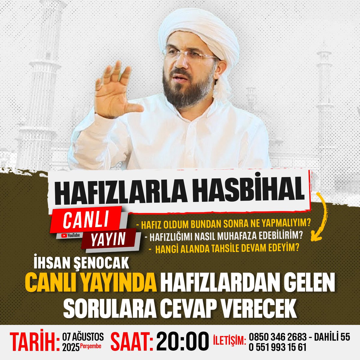 Hafızlığını bu yıl bitiren kardeşim! Bundan sonra hangi alanda okumalısın gibi soruların cevabı bağlamında #hafızlahasbihal e var mısın?  Müslümanlar! Hafız tanıdıklarınızı bu programdan haberdar eder misiniz? Hasbihale bu linkten katılabilirsiniz: forms.office.com/r/gkBPw5K9nf