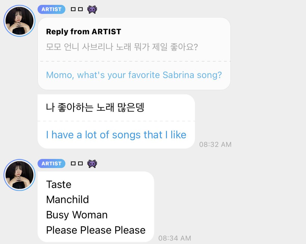 twice9bubble's tweet photo. Momo telling us what are her favorite Sabrina songs 🥺✨ https://t.co/7wehTAerXK