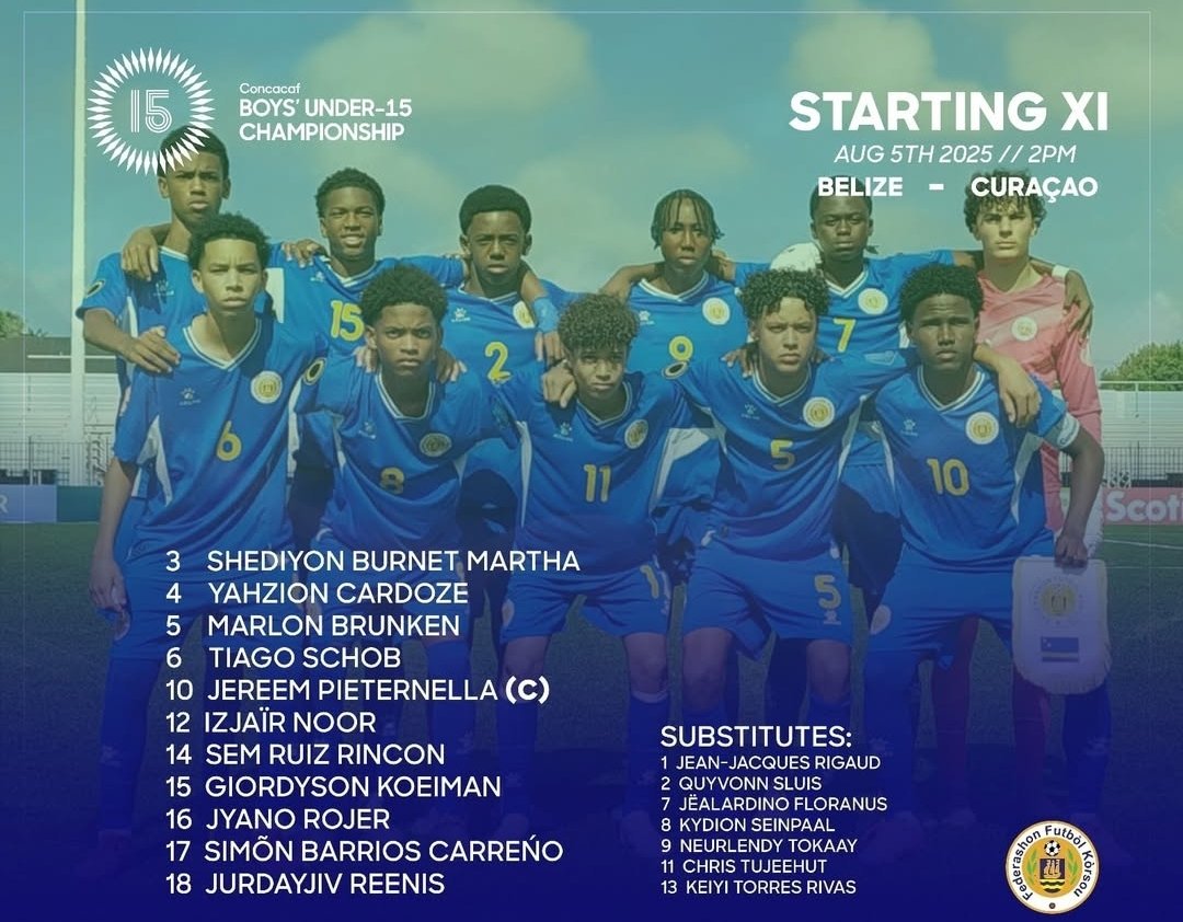 Curacaofootbal1's tweet photo. Here is the starting XI of our U15s for their second match of the Concacaf Boy's U15 Championship against Belize. BAN PA BAI ๐จ๐ผ
#EOlaBlou #CU15 https://t.co/mYXGDNXN5j