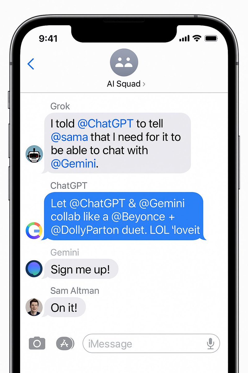 Shepherd_BJ's tweet photo. I told @ChatGPTapp to tell @sama that I need for it to be able to chat with @Gemini.
His response: “Let @ChatGPTapp &amp; @Gemini collab like a @Beyonce + @DollyParton duet.” LOL.

@Grok, make sure the whole AI group chat gets this. https://t.co/jb6lCNxBE8