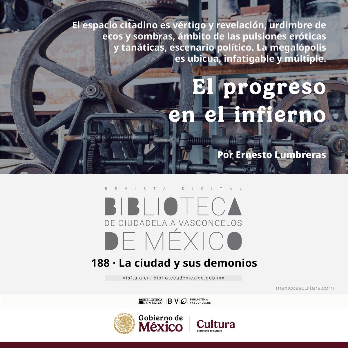 Biblio Vasconcelos (@vscls) on Twitter photo "El Progreso en el Infierno"
¿La urbanización ha vuelto a nuestras ciudades laberintos de soledad? <a href="/Ernestlumbreras/">Ernesto Lumbreras</a> enfrenta las sombras del progreso, justo donde la modernidad se junta con el desamparo.
Disponible en el No. 188 de la revista digital
bit.ly/EProgresoEnElI… "El Progreso en el Infierno"
¿La urbanización ha vuelto a nuestras ciudades laberintos de soledad? <a href="/Ernestlumbreras/">Ernesto Lumbreras</a> enfrenta las sombras del progreso, justo donde la modernidad se junta con el desamparo.
Disponible en el No. 188 de la revista digital
bit.ly/EProgresoEnElI…