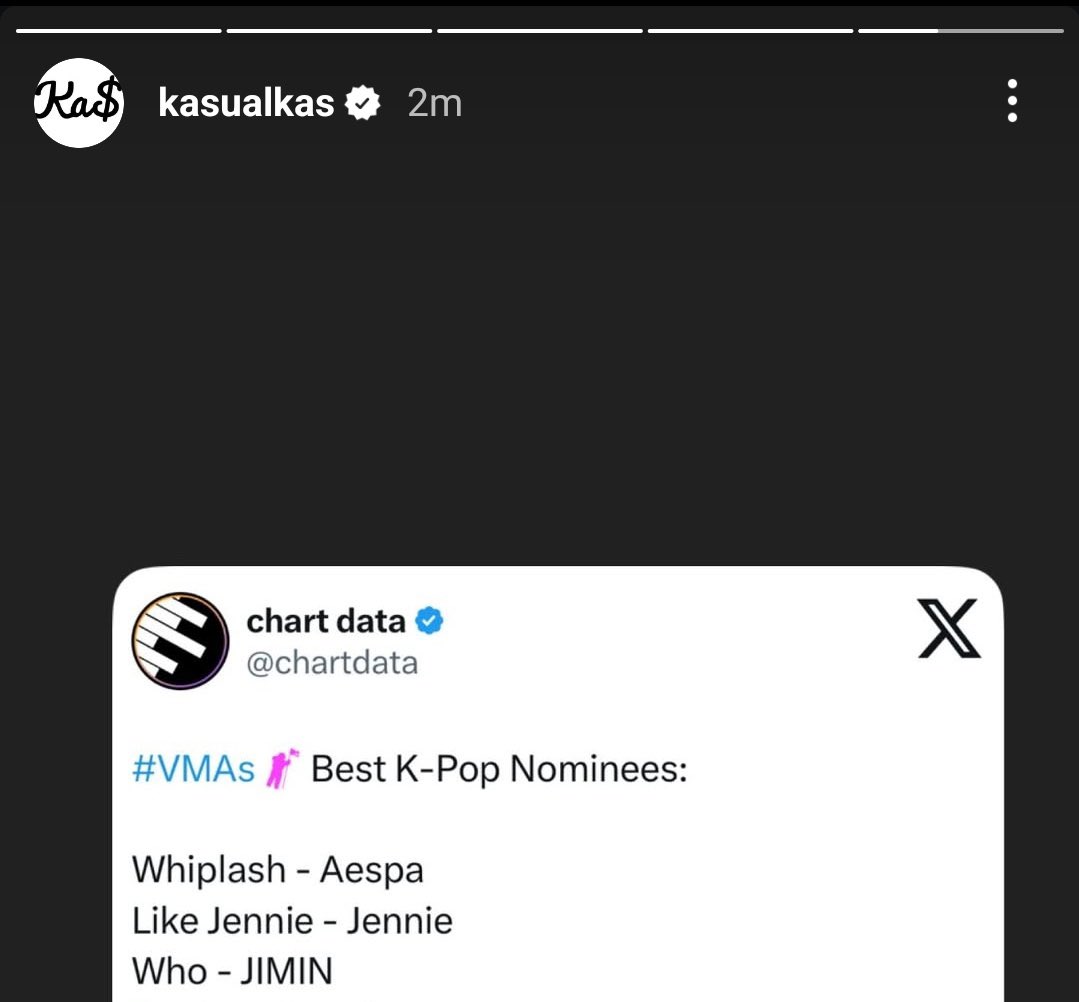 OMGGG 😳🤯

Producer kasualkas posted about jimin nomination at #Vmas via Instagram story  😭😭

WE LOVE THE SUPPORT 😭