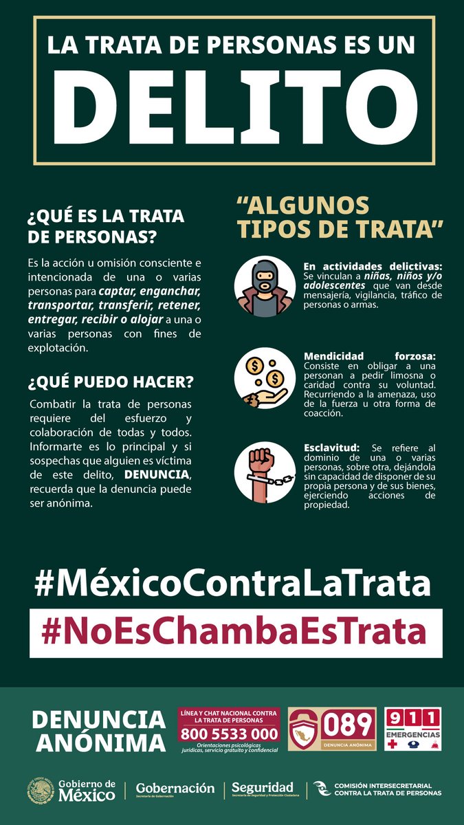 🔵 La trata de personas es crimen organizado, acabemos con la explotación.
Conoce algunos tipos de Trata de personas aquí 👉

🚨 Tu denuncia es importante y puede salvar vidas.
☎ Si detectas un caso, llama a la línea nacional contra la trata de personas.

#MéxicoContraLaTrata