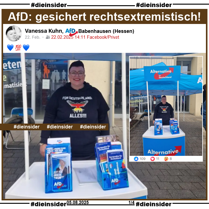 Die_Insider's tweet image. Vanessa Kuhn von der #AfD #Babenhausen in #Hessen: "Für Deutschland alles!!!", am liebsten in Schwarz-Weiß-Rot!?

#LautGegenNazis #NiemalsAfD #AfDVerbot
#GemeinsamGegenHass #DieInsider