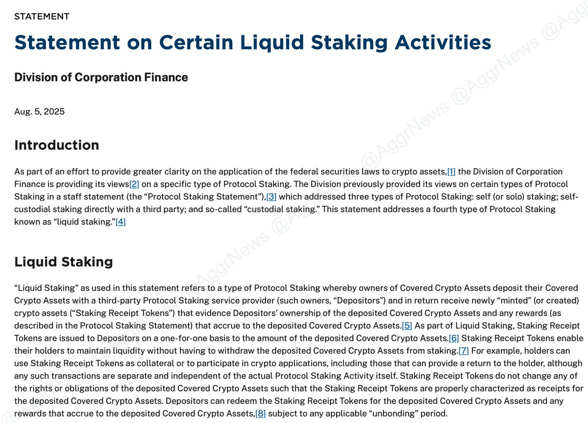 AggrNews's tweet image. *SEC RELEASES STATEMENT ON LIQUID STAKING ACTIVITIES
*LIQUID STAKING ACTIVITIES NOT CONSIDERED SECURITIES