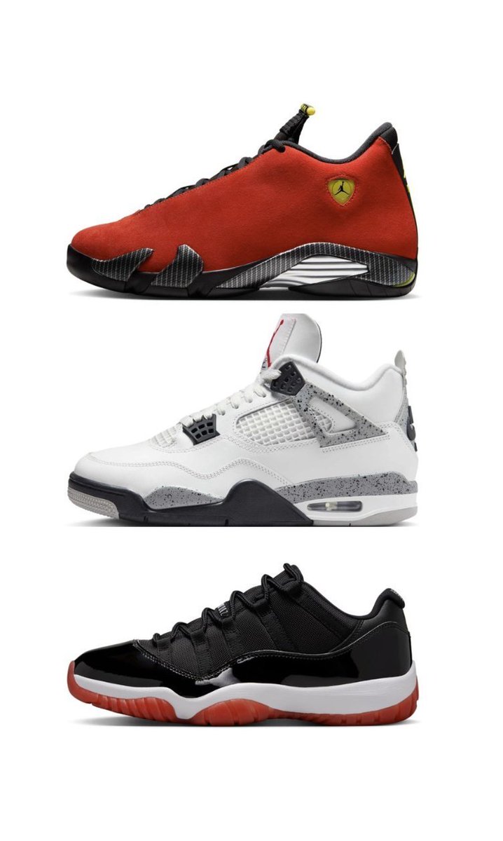 sneakerhuddle's tweet photo. ALMOST LIVE 
Ad: Air Jordan RESTOCKS ⚡️ 

Air Jordan 14 'Ferrari'
MENS https://t.co/0zIMQA8Wfd
GS https://t.co/NVJbrdLvo4

Air Jordan 4 'White Cement' 
MENS https://t.co/cFjOtXtGAX
GS https://t.co/xq9kgli3dH

Air Jordan 11 Low 'Bred'
MENS https://t.co/TFLn0M9RGS
GS https://t.co/NO9fSNCXMx