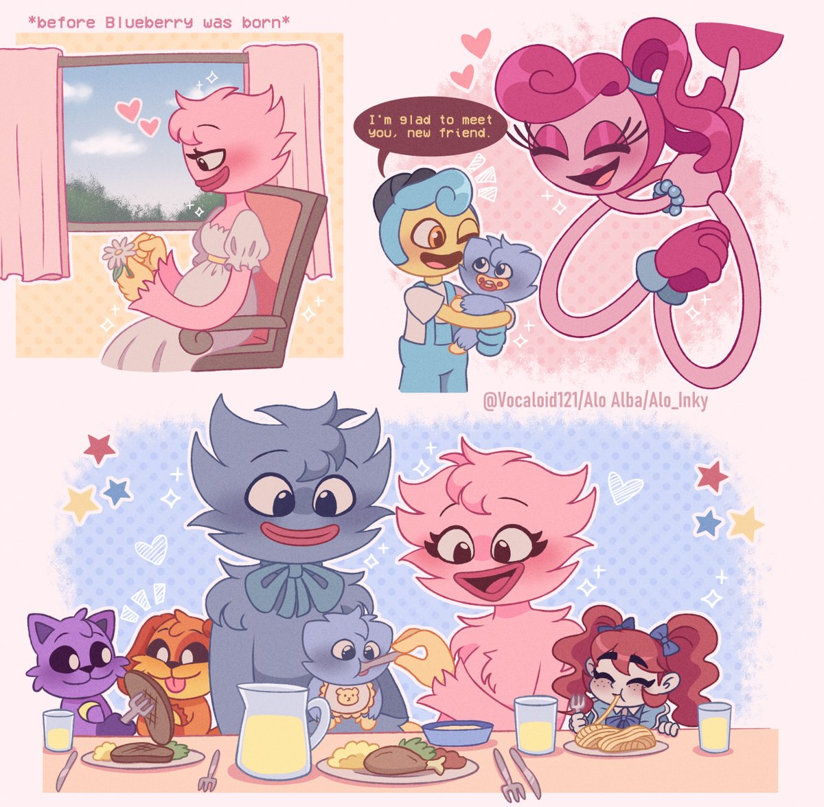 Doodles of this cute family!! 🌈💗💙✨
I added some interactions Blueberry would have with some of the Nightmare Critters :3💕

#PoppyPlaytime #PoppyPlaytimefanart #SmilingCritters #huggywuggy #kissymissy #dogday #catnap #NightmareCritters