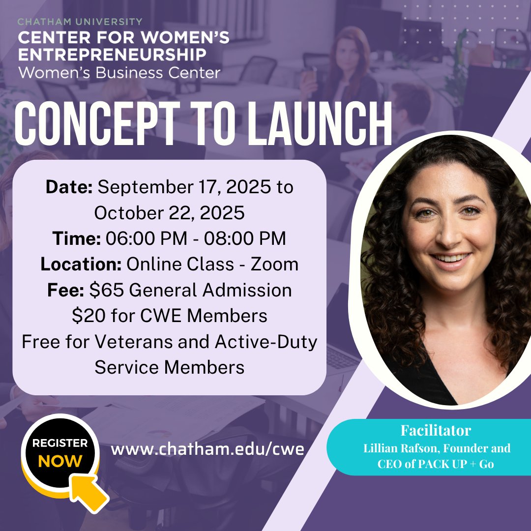 Are you in the early stages of starting a business? Join CWE's Concept to Launch, led by entrepreneur Lillian Rafson, CEO of Pack Up + Go, a 6-week online training program designed to assist you build a strong foundation for your business. Register here : chatham.edu/cwe/events/det…