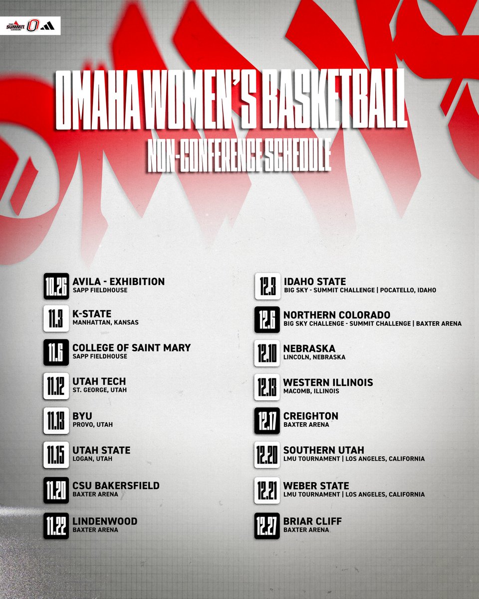 Omaha Women’s Basketball (@omahawbb) on Twitter photo 🗓️ | The 2025-26 𝗡𝗢𝗡-𝗖𝗢𝗡 has arrived 👀
▶️ Season begins Nov. 3 at K-State
▶️ Creighton and Nebraska on the docket
▶️ 6️⃣ home games
#GoMavs | <a href="/BaxterArena/">Baxter Arena</a> | <a href="/omavs/">Omaha Mavericks</a> 🗓️ | The 2025-26 𝗡𝗢𝗡-𝗖𝗢𝗡 has arrived 👀
▶️ Season begins Nov. 3 at K-State
▶️ Creighton and Nebraska on the docket
▶️ 6️⃣ home games
#GoMavs | <a href="/BaxterArena/">Baxter Arena</a> | <a href="/omavs/">Omaha Mavericks</a>