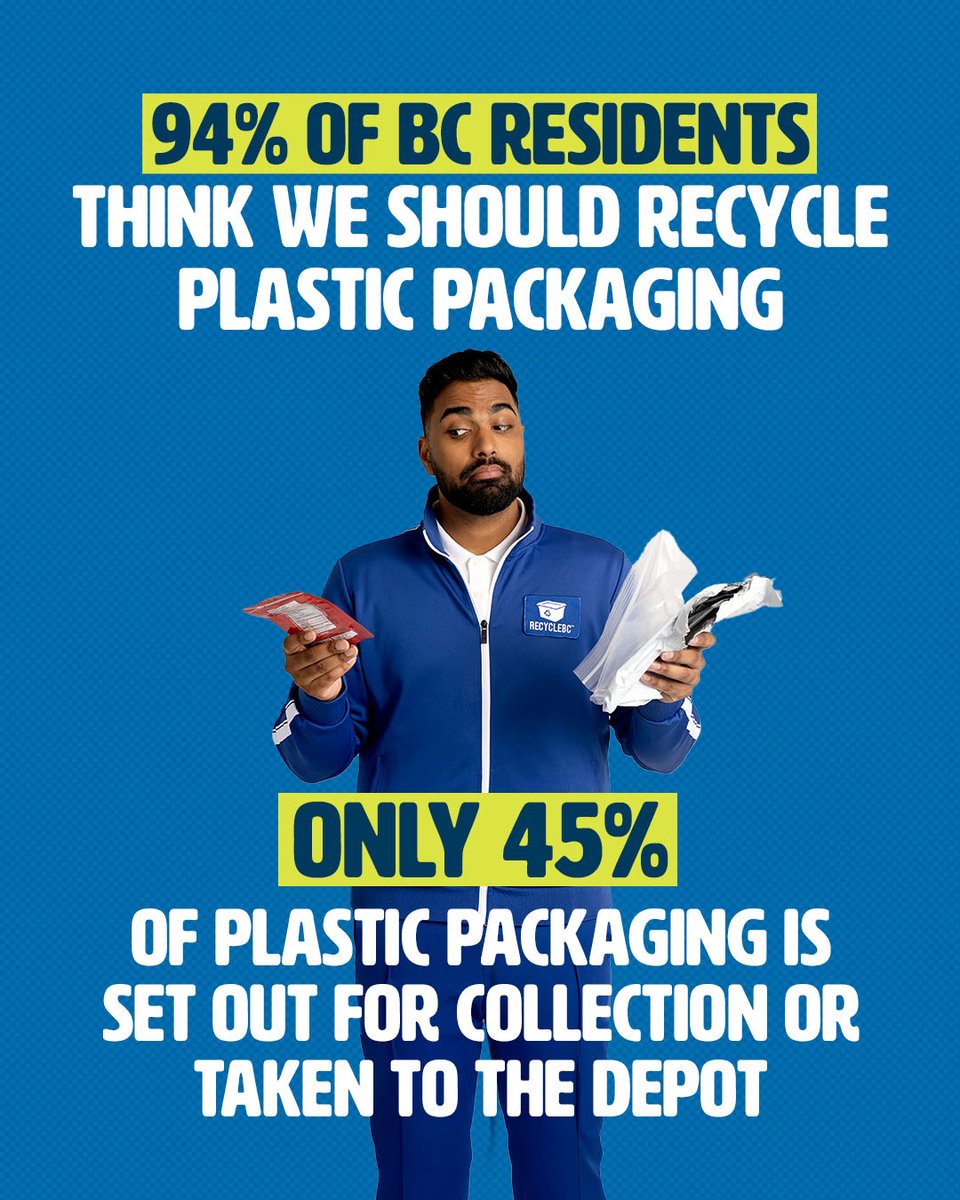 ❓ Did you know? ❓

Only 43% of plastic packaging is set out for collection or taken to the depot. Keep plastics out of landfills and in our depots!  💚

Together we can make a difference! ✅

Learn more at RecycleBC.ca
