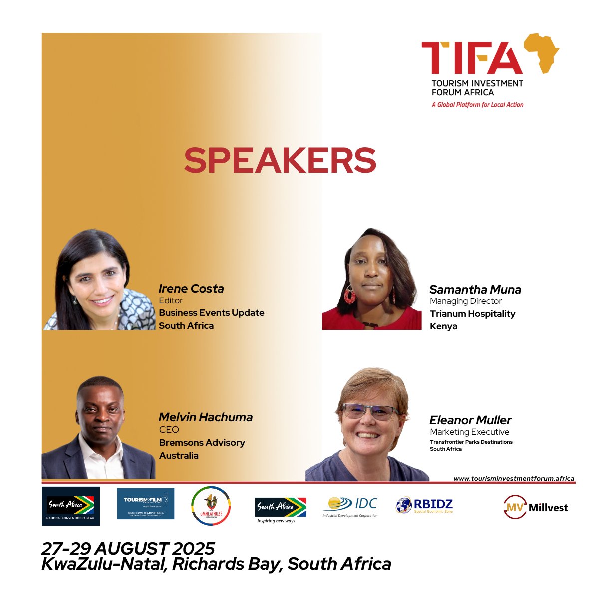 SESSION 3 at #TIFA2025 will explore TIFA’s growth and future role in the tourism investment space.
Speakers include:
– Eleanor Muller
– Melvin Hachuma
– Samantha Muna
– Irene Costa
#TourismInvestment #AfricaTourism