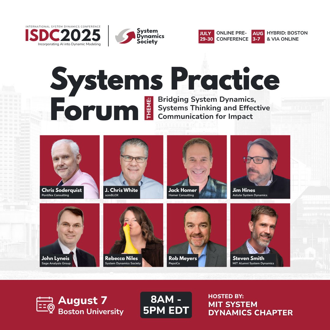 systemdynamics_'s tweet image. 🚀 The MIT System Dynamics Chapter invites you to a specialized one-day event focused on the practical applications of #SystemDynamics and #systemsthinking for impactful decision-making. 

📅 August 7, 2025
📍 Boston University  
🔗 Register: ow.ly/eCLQ50Wynhx

#ISDC2025