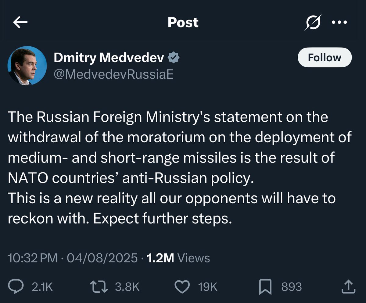 - روسيا تعهدت طوعا بعدم نشر صواريخ قصيرة ومتوسطة المدى في أوروبا أو آسيا في عام 2019 . 

• اليوم الخارجية الروسية تقول بأنها تُعفي نفسها من هالإلتزام ، أي أنها قد تبدأ نشر صواريخ متوسطة وقصيرة المدى سواء تقليدية أو نووية، في أماكن استراتيجية قرب حدود الناتو .

• مقباس الفتيل