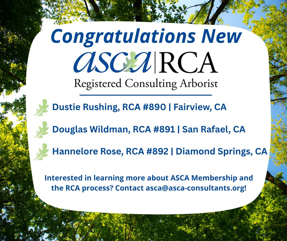 🎉 Welcome to ASCA’s New Registered Consulting Arborists®! 🎉
We are excited to congratulate the following for achieving RCA status:
✅ Dustie Rushing, RCA #890 | Fairview, CA
✅ Douglas Wildman, RCA #891 | San Rafael, CA
✅ Hannelore Rose, RCA #892 | Diamond Springs, CA