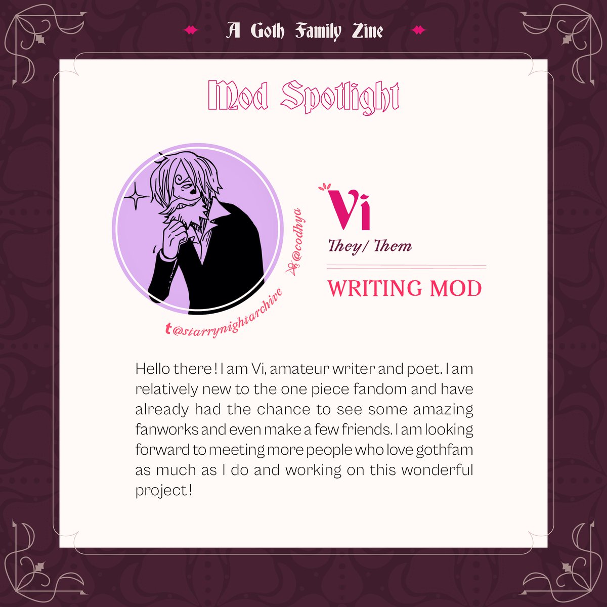 GothFamilyZine's tweet photo. ✨️Mod Spotlight✨️
.
Next may I present to you our writing mod @/starrynightarchive 🫶
.
#modintro #gothfamily #perona #zoro #mihawk https://t.co/MBKtlMG5QF
