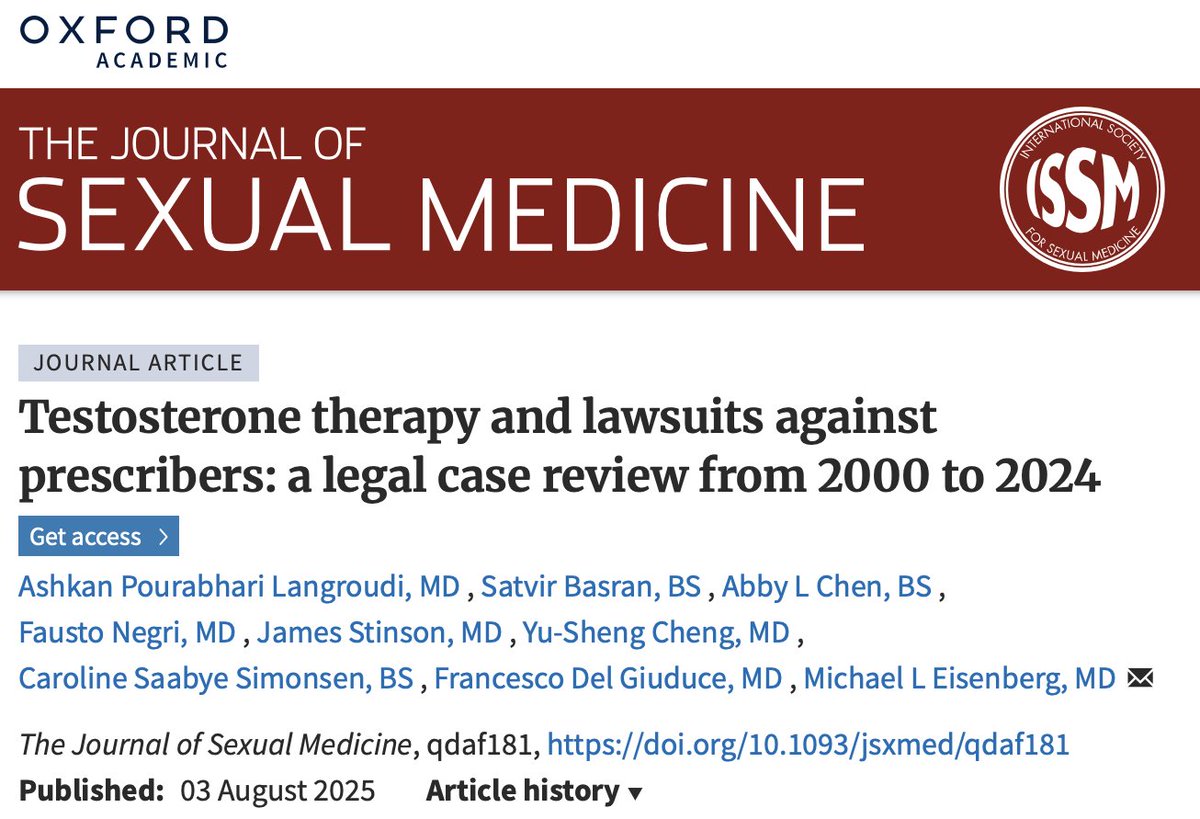 Our latest study analyzes #Testosterone Therapy #lawsuits against healthcare providers across the U.S, revealing patterns in provider specialties, legal outcomes, and risks that drive litigation. Why are TT lawsuits rising, and who’s most at risk?doi.org/10.1093/jsxmed… #Urology