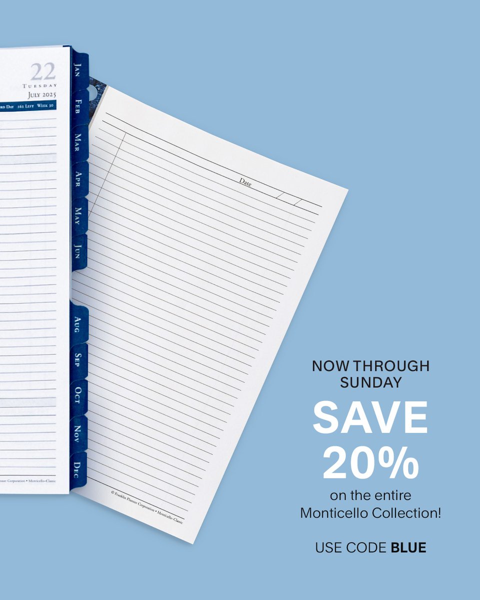 franklinplanner's tweet photo. Now through Sunday, use code BLUE to save 20% on the entire Monticello Collection! Stock up on everything you need to create a foundational framework for your ambitious plans.
#sale #franklinplanner #LeadWithPurpose #EffectiveCommunication #ambitiousplans #paperplanner #organize https://t.co/yi8OY2FrZw