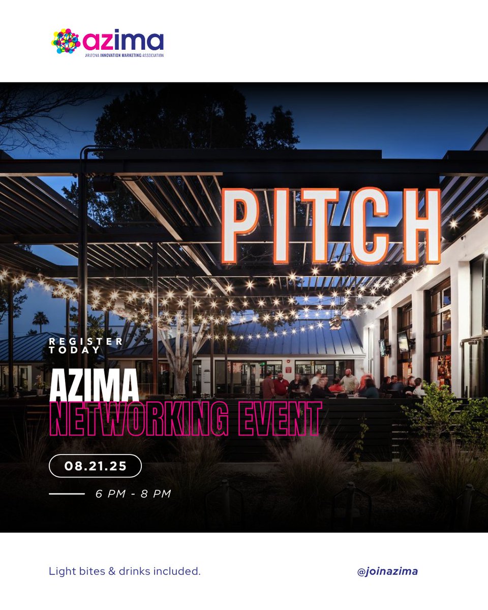 JoinAZIMA's tweet image. We’re bringing Arizona’s marketing professionals together for a relaxed, in-person happy hour focused on conversation, collaboration, and community.

📍 PITCH 
📅 August 21
🕓 6 - 8PM

Register Here: azima.wildapricot.org/event-6281142