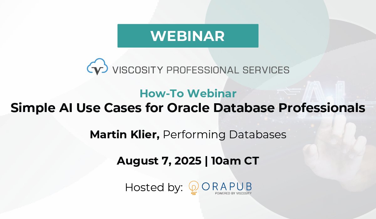 OraPub powered by Viscosity (@orapubinc) on Twitter photo Join our exclusive “Simple #AI Use Cases for #OracleDatabase Professionals” on Aug 7 at 10 AM CT w/ #ACED <a href="/MartinKlierDBA/">Martin Klier</a>!
No data science background needed. Learn to predict workload trends, clean up environments faster & more.
Paid Membership Options: bit.ly/46YBR62 Join our exclusive “Simple #AI Use Cases for #OracleDatabase Professionals” on Aug 7 at 10 AM CT w/ #ACED <a href="/MartinKlierDBA/">Martin Klier</a>!
No data science background needed. Learn to predict workload trends, clean up environments faster & more.
Paid Membership Options: bit.ly/46YBR62