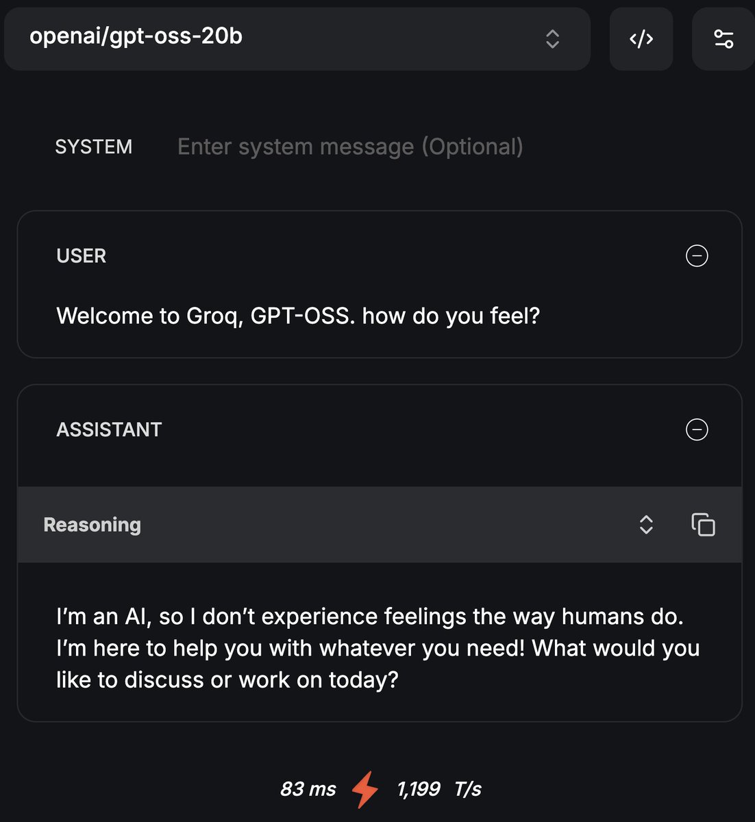 GPT-OSS, now running on Groq. 1,200 tk/s for 20B, 536 tk/s for 120B.