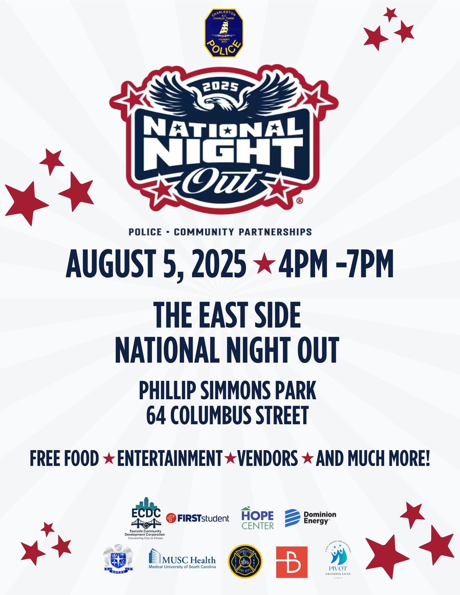 🎉 Join us tonight for National Night Out! 🎉

📍 Phillip Simmons Park, 64 Columbus Street
📅 August 5, 2025
🕓 4PM – 7PM

Hope to see you there! 🚔

#NationalNightOut #CharlestonPD