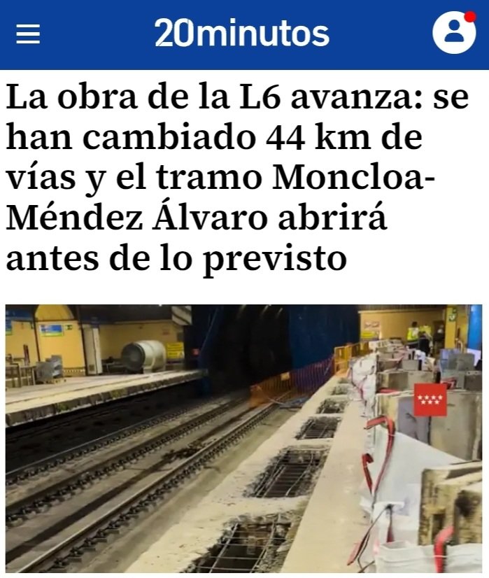 Jorge Rodrigo Dominguez (@jorgerodrigodo) on Twitter photo Las obras para la automatización de la Línea 6 de <a href="/metro_madrid/">Metro de Madrid</a> avanzan a buen ritmo y nos van a permitir reabrir el tramo cerrado, entre Moncloa y Méndez Álvaro, el 6 de septiembre, una semana antes de lo previsto.
Es posible gracias a la labor de los más de 2.000 operarios que Las obras para la automatización de la Línea 6 de <a href="/metro_madrid/">Metro de Madrid</a> avanzan a buen ritmo y nos van a permitir reabrir el tramo cerrado, entre Moncloa y Méndez Álvaro, el 6 de septiembre, una semana antes de lo previsto.
Es posible gracias a la labor de los más de 2.000 operarios que