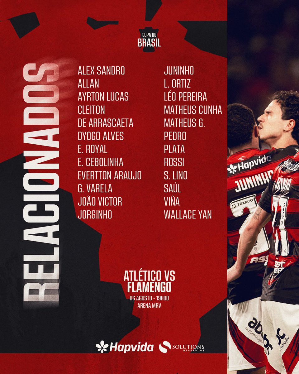 Flamengo (@flamengo) on Twitter photo Confira os relacionados do Mengão para a partida contra o Atlético-MG, pela <a href="/CopaDoBrasilCBF/">Copa do Brasil</a>!
#squad Confira os relacionados do Mengão para a partida contra o Atlético-MG, pela <a href="/CopaDoBrasilCBF/">Copa do Brasil</a>!
#squad