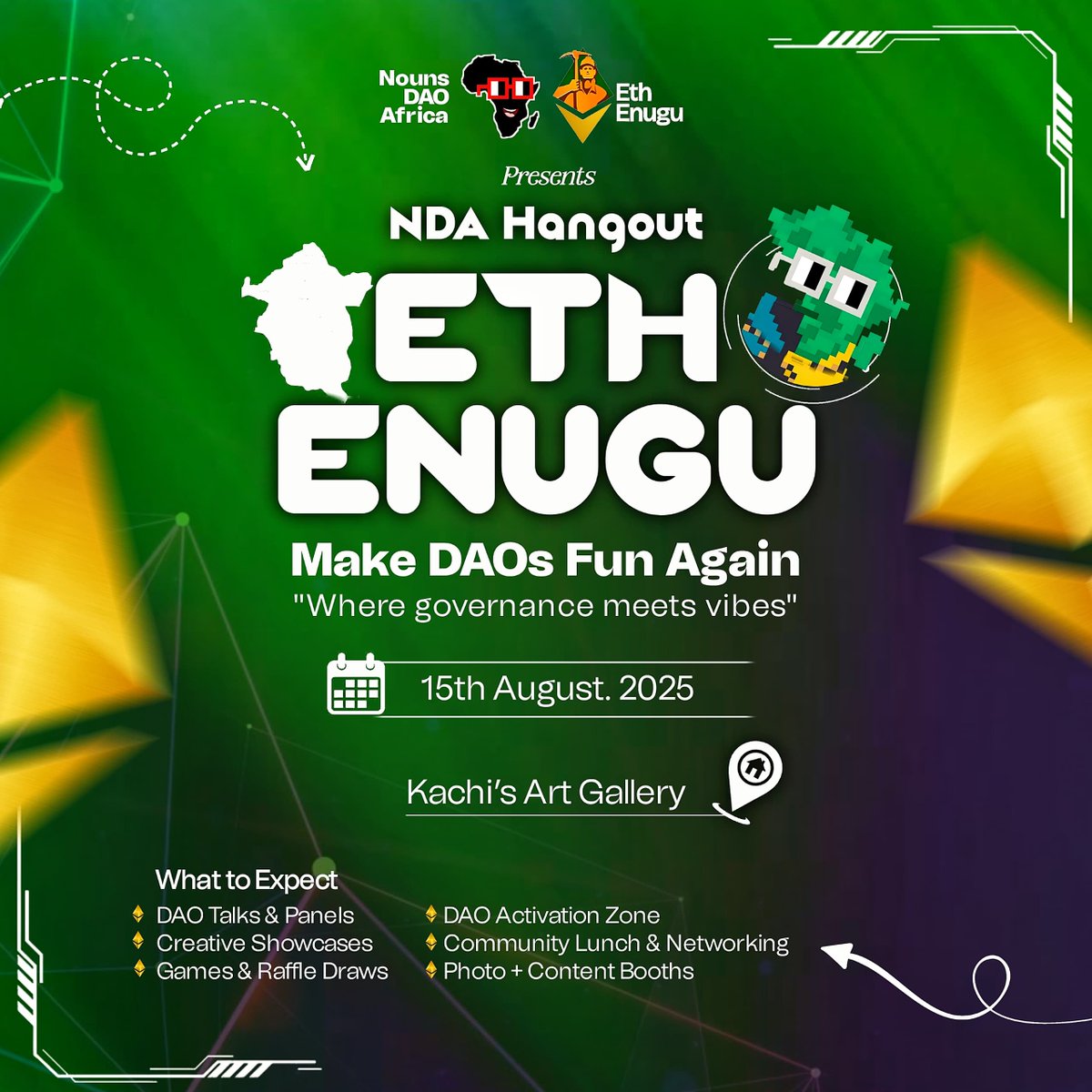 nounsDAOAfrica's tweet photo. We’re proud to announce that NDA will be hosting a side event at @Eth_Enugu, with one mission: MAKE DAOs FUN AGAIN

Expect DAO talks, creative showcases, games, giveaways, networking, and more..

Register for free and tag your homies at the conference 👇🏽
https://t.co/9tuCwugAgt https://t.co/KVFp2dmbIs