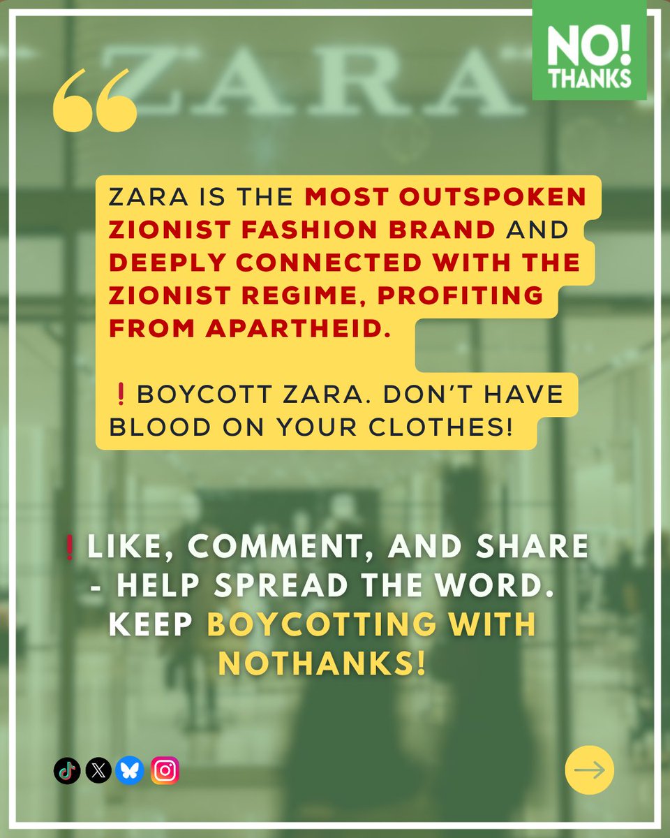 BOYCOTT ZARA 🚩
They’re not just selling clothes, they’re profiting from genocide. ❗️

📢 In December 2023, Zara released an outrageous ad called “The Jacket” which showed mannequins wrapped in white shrouds beside crumbled statues, which looked very similar to the shrouded
