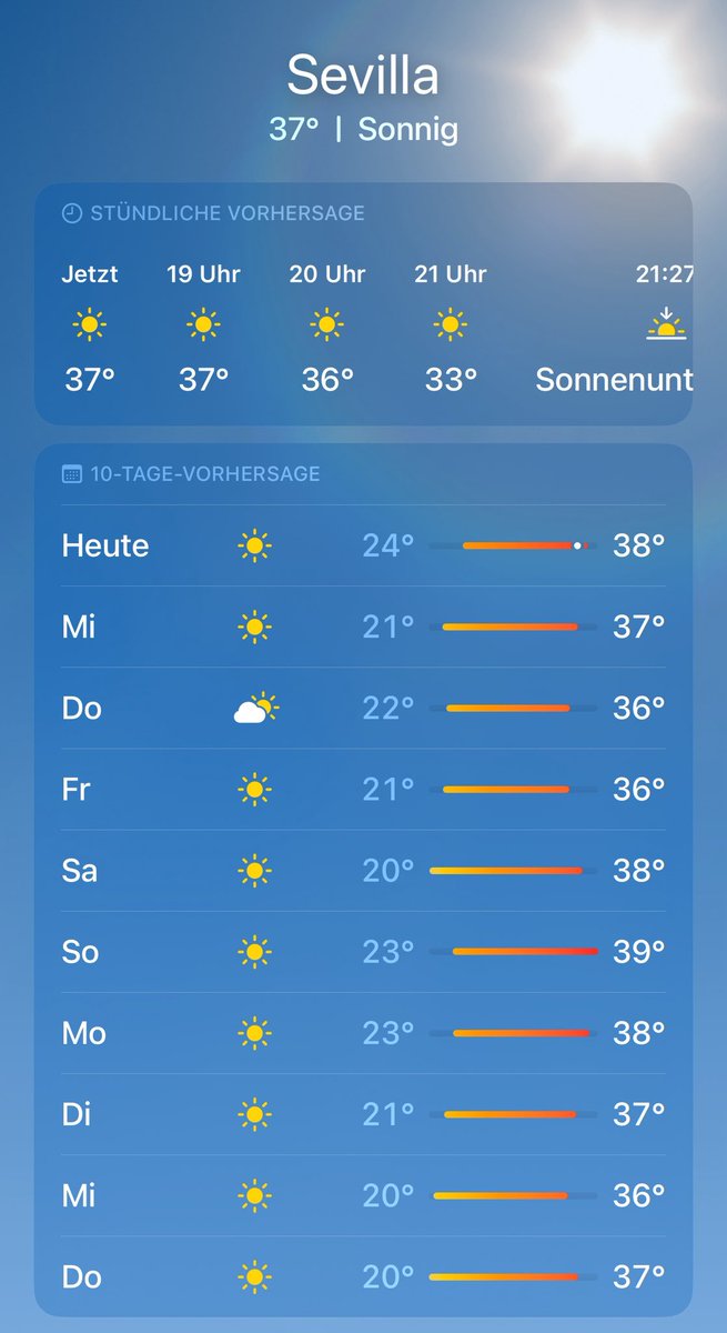 Das deutsche #Klimapanik-Fernsehen hat offensichtlich andere Quellen als meine Wetter-App.

Schöne Grüße von der Costa del Sol. Die nächsten zehn Tage zwischen 27 und 30° vorhergesagt. Perfektes #Sommerwetter!
#Klima
#Klimahoax 
#Hitze