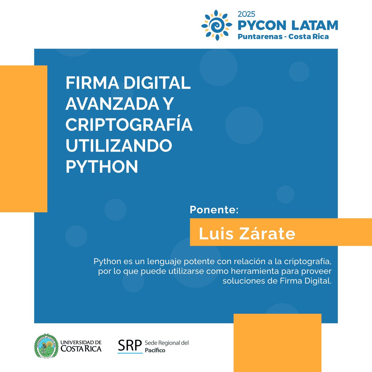 🔐Firmas digitales + criptografía = Seguridad con Python
En #PyConLatam2025, Luis Zárate te muestra cómo usar Python para crear soluciones robustas de firma digital.

📍 Agenda: pylatam.org/agenda
🎟️ Entradas: pylatam.org/entrance
#Criptografía #Cybersecurity #PyConLatam