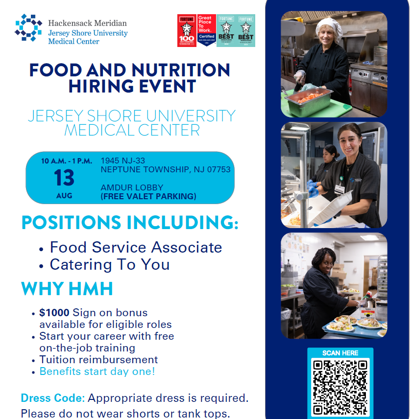 📣 We're hiring!
Join Hackensack Meridian Health at our Food &amp; Nutrition Hiring Event
📅 Aug 13 | ⏰ 10AM–1PM
📍Jersey Shore Univ. Medical Center (Free Valet)
✅ $1000 Sign-on Bonus
✅ Benefits Day One
✅ Food Service &amp; Catering Roles
📲 More: hmhn.org/careers
#JobFair
