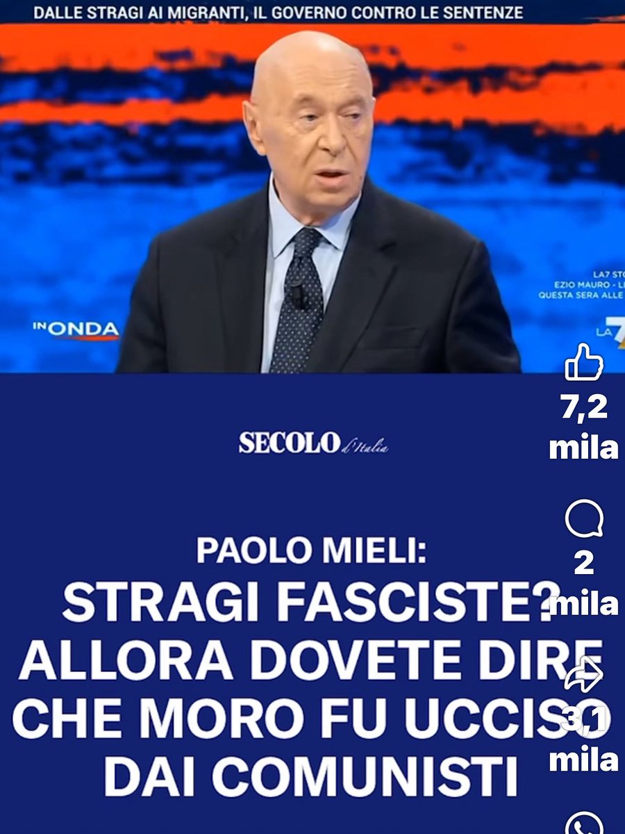 Questo video è breve.
Ma vale la pena di guardarlo e diffonderlo.
#PaoloMieli afferma una grande verità e parla anche del #comunismo che uccideva, altro che polemiche sul  #Msi
facebook.com/share/v/1ASjiN…