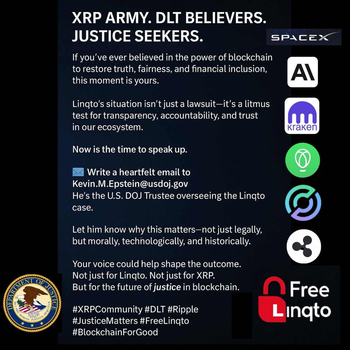 XRP Army. DLT Believers. Justice Seekers.
If you’ve ever believed in the power of blockchain to restore truth, fairness, and financial inclusion, this moment is yours.

Linqto’s situation isn’t just a lawsuit—it’s a litmus test for transparency, accountability, and trust in our