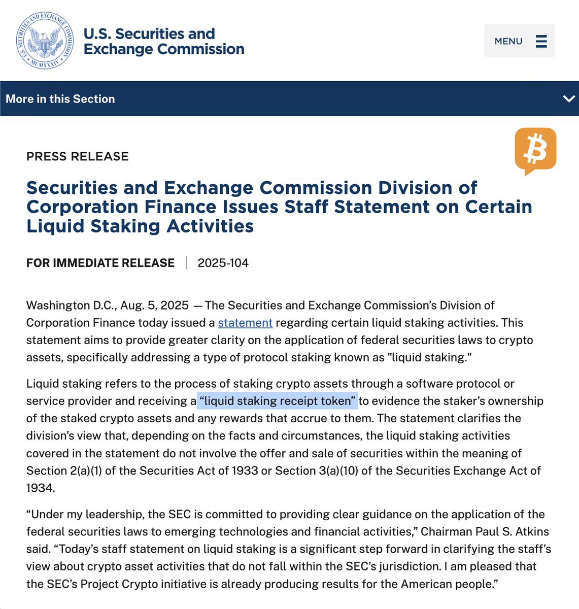 BitcoinNews's tweet photo. JUST IN: 🇺🇸 SEC clarifies that certain liquid staking activities are not securities, marking a major milestone in the SEC’s 'Project Crypto' and providing much-needed clarity for the crypto market. https://t.co/bVtqcfXU8Y