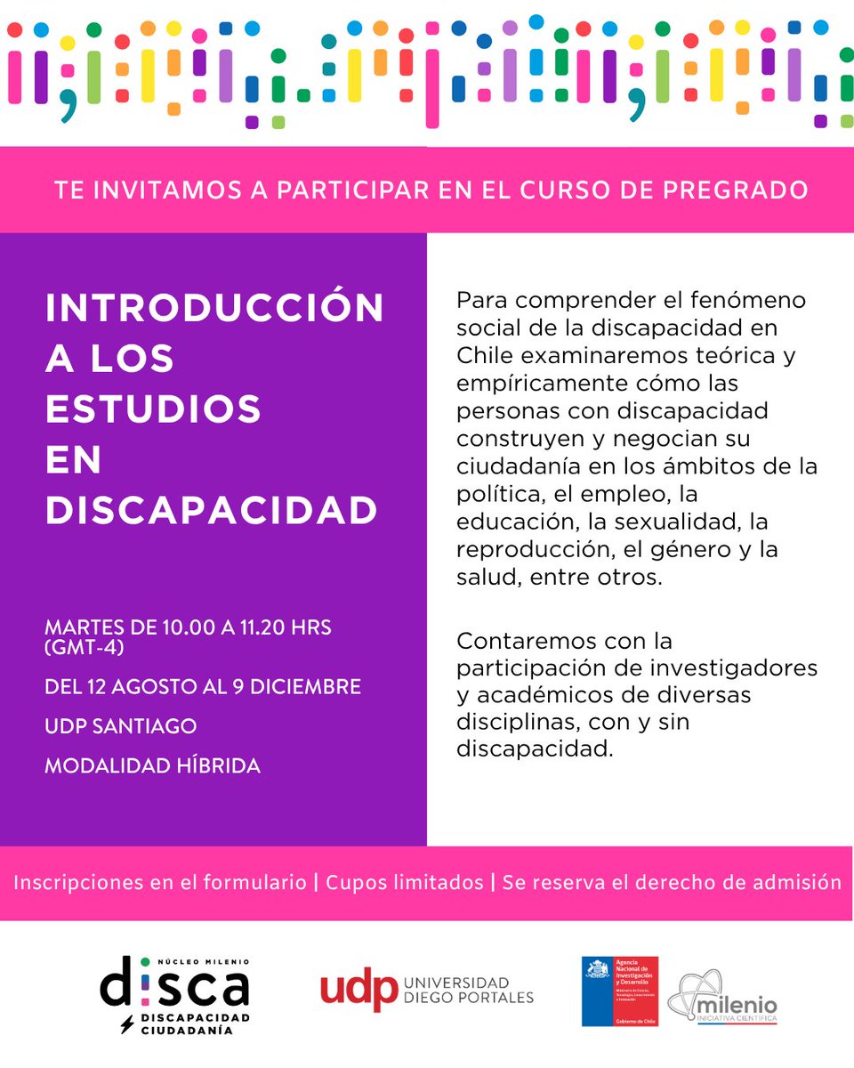Núcleo DISCA (@nucleodisca) on Twitter photo Participa como estudiante externo en el curso Introducción a los estudios en discapacidad de Núcleo DISCA y @sociologiaudp.
Revisa los requisitos y postula aquí docs.google.com/forms/d/e/1FAI… Participa como estudiante externo en el curso Introducción a los estudios en discapacidad de Núcleo DISCA y @sociologiaudp.
Revisa los requisitos y postula aquí docs.google.com/forms/d/e/1FAI…