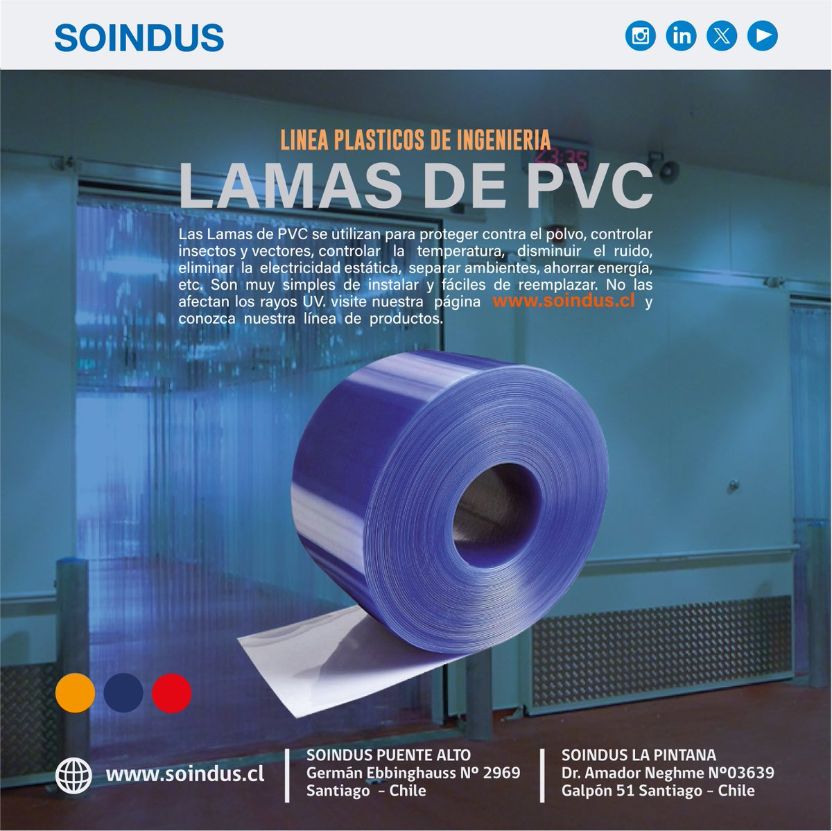 Las Lamas de PVC se utilizan para proteger contra el polvo, controlar insectos y vectores, controlar la temperatura, disminuir el ruido, eliminar la electricidad estática, separar ambientes, ahorrar energía, etc. Son muy simples de instalar y fáciles de reemplazar.