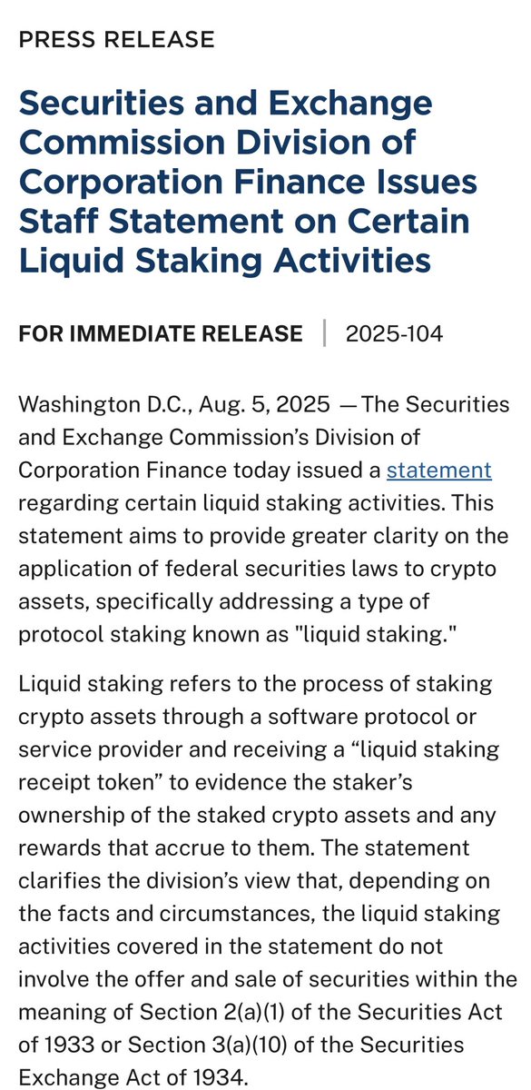 Eleanor Terrett (@eleanorterrett) on Twitter photo 🚨JUST IN: The <a href="/SECGov/">U.S. Securities and Exchange Commission</a> Corp Finance Division has provided guidance regarding certain liquid staking activities.
It follows a letter last week from industry players including <a href="/jito_labs/">Jito Labs</a>, <a href="/BitwiseInvest/">Bitwise</a>, <a href="/multicoincap/">Multicoin Capital</a>, <a href="/vaneck_us/">VanEck</a> and <a href="/SolanaInstitute/">Solana Policy Institute</a> urging the agency to permit 🚨JUST IN: The <a href="/SECGov/">U.S. Securities and Exchange Commission</a> Corp Finance Division has provided guidance regarding certain liquid staking activities.
It follows a letter last week from industry players including <a href="/jito_labs/">Jito Labs</a>, <a href="/BitwiseInvest/">Bitwise</a>, <a href="/multicoincap/">Multicoin Capital</a>, <a href="/vaneck_us/">VanEck</a> and <a href="/SolanaInstitute/">Solana Policy Institute</a> urging the agency to permit