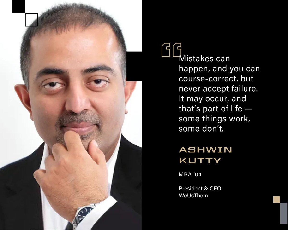PurdueBusiness's tweet image. “Failure is not an option. Mistakes are.”

Ashwin Kutty (MBA ’04) on how leaders should learn—but never quit.

See more lessons from our alumni: purdue.university/3Fg85hV